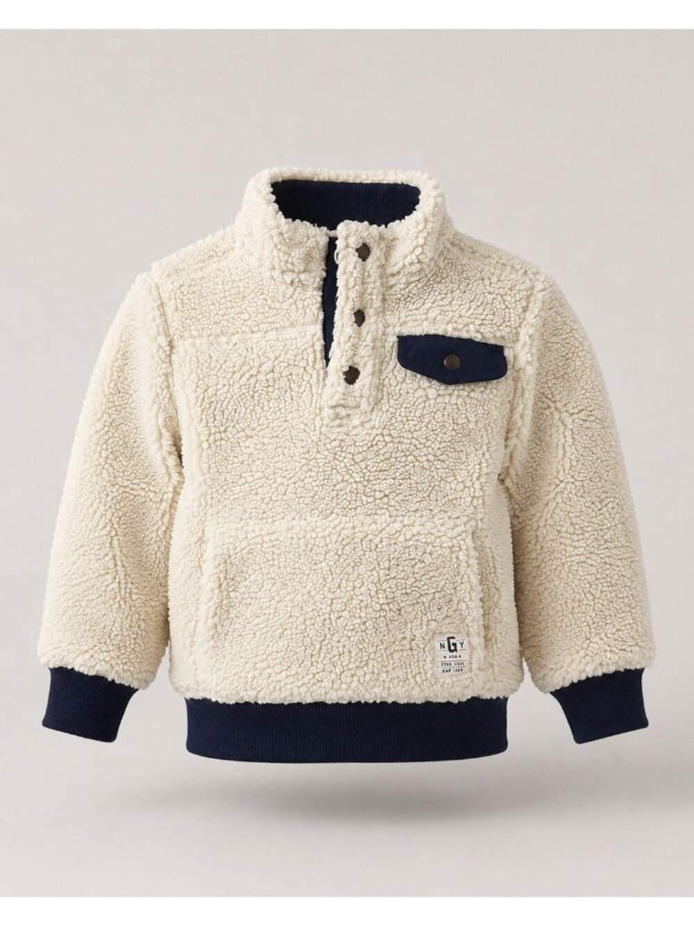 HK25 - "babyGap Toddler 5Y Sherpa Fleece Pullover Cream Navy Snap Mock Neck Jack